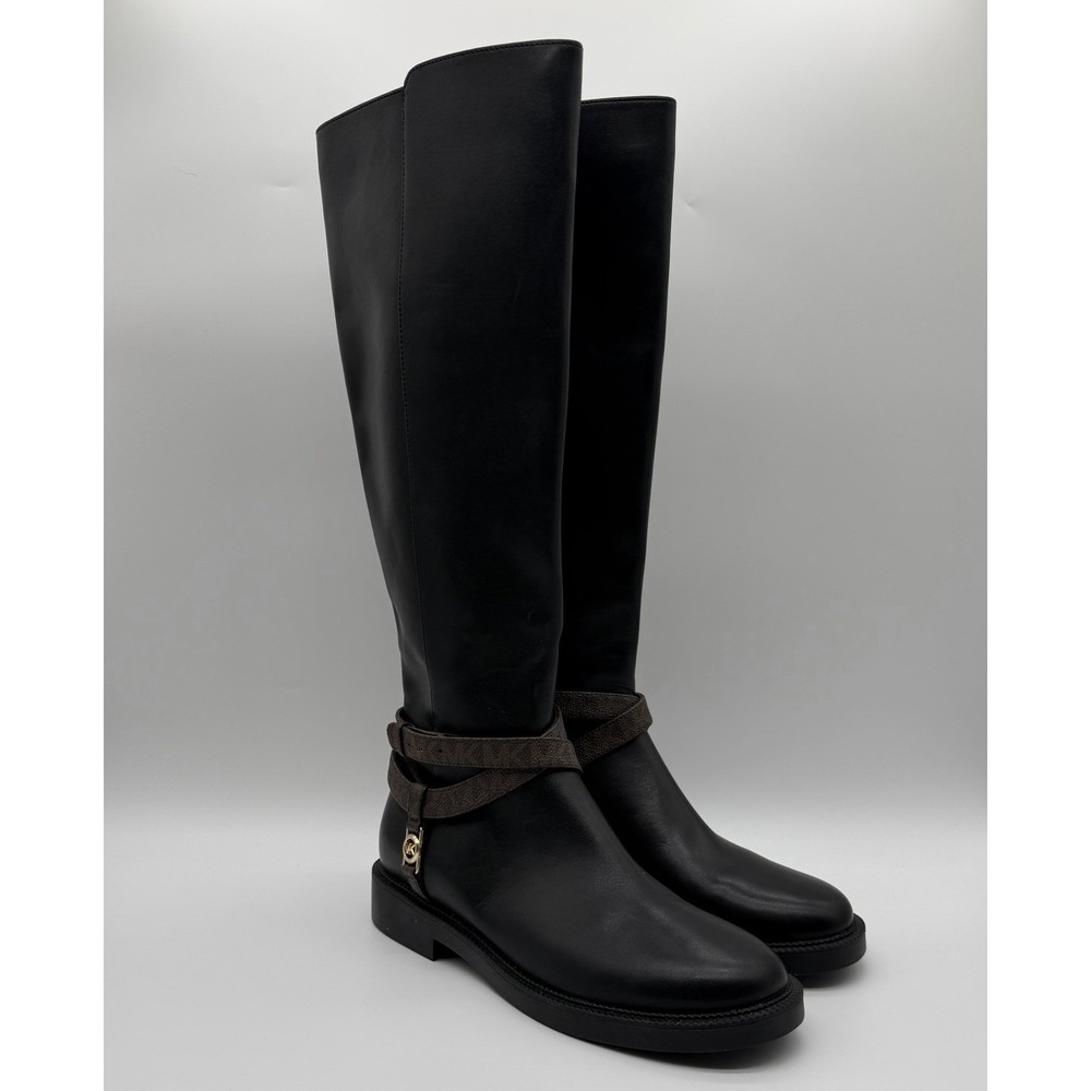 MICHAEL Michael Kors Women's Abigail Leather Riding Boots Zip Logo Black Size 6‎